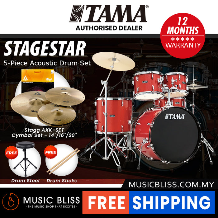 Tama Stagestar 5-piece Drum Set with Drumsticks and Throne - 22 Inch Bass Drum - Candy Red Sparkle