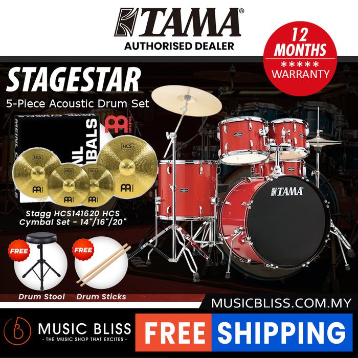 Tama Stagestar 5-piece Drum Set with Drumsticks and Throne - 22 Inch Bass Drum - Candy Red Sparkle