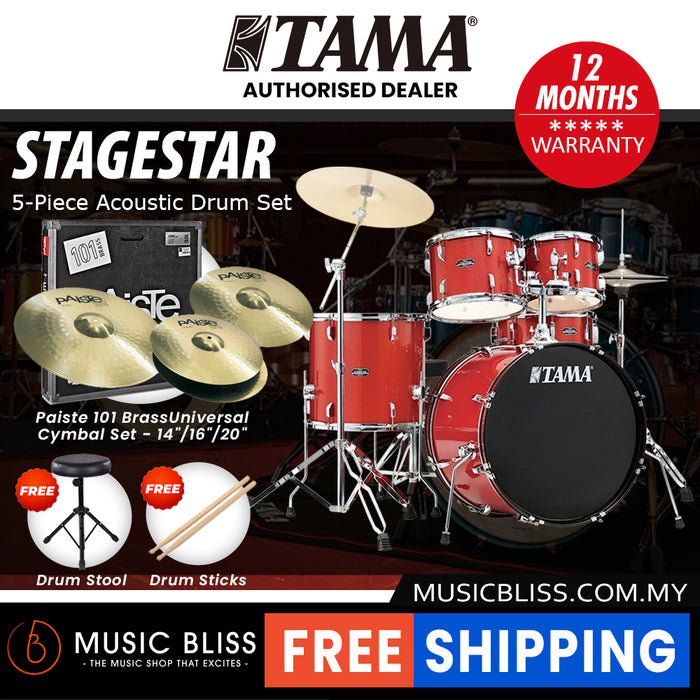 Tama Stagestar 5-piece Drum Set with Drumsticks and Throne - 22 Inch Bass Drum - Candy Red Sparkle