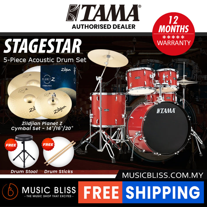 Tama Stagestar 5-piece Drum Set with Drumsticks and Throne - 22 Inch Bass Drum - Candy Red Sparkle