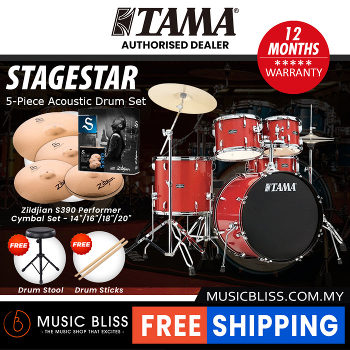 Tama Stagestar 5-piece Drum Set with Drumsticks and Throne - 22 Inch Bass Drum - Candy Red Sparkle