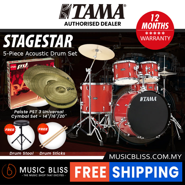 Tama Stagestar 5-piece Drum Set with Drumsticks and Throne - 22 Inch Bass Drum - Candy Red Sparkle