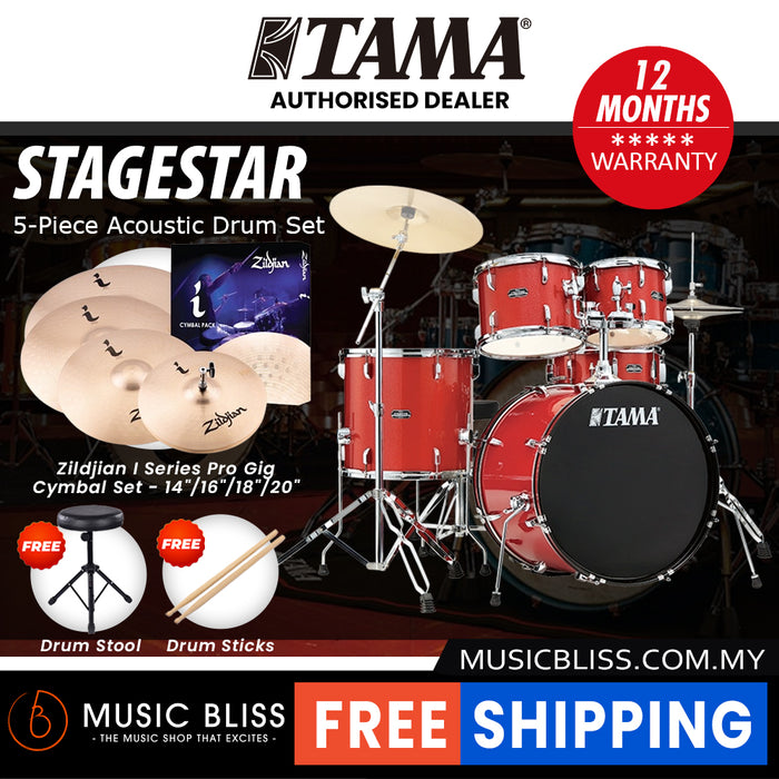 Tama Stagestar 5-piece Drum Set with Drumsticks and Throne - 22 Inch Bass Drum - Candy Red Sparkle