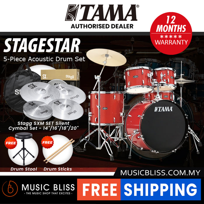 Tama Stagestar 5-piece Drum Set with Drumsticks and Throne - 22 Inch Bass Drum - Candy Red Sparkle