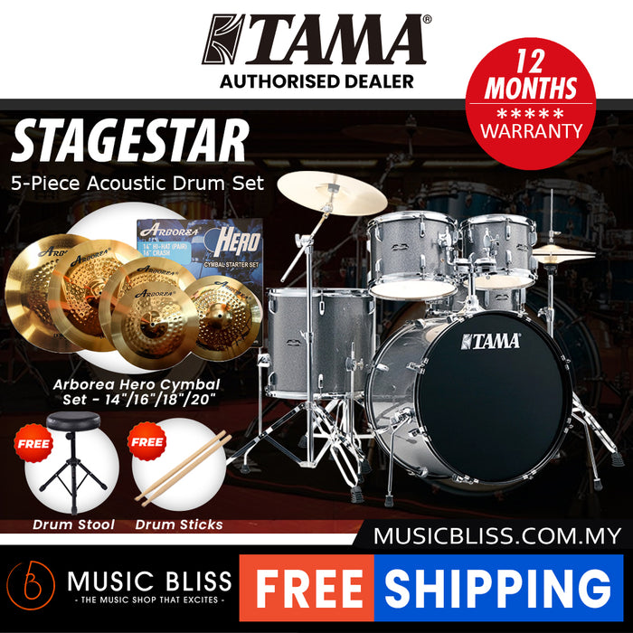 Tama Stagestar 5-piece Drum Set with Drumsticks and Throne - 22 Inch Bass Drum - Cosmic Silver Sparkle