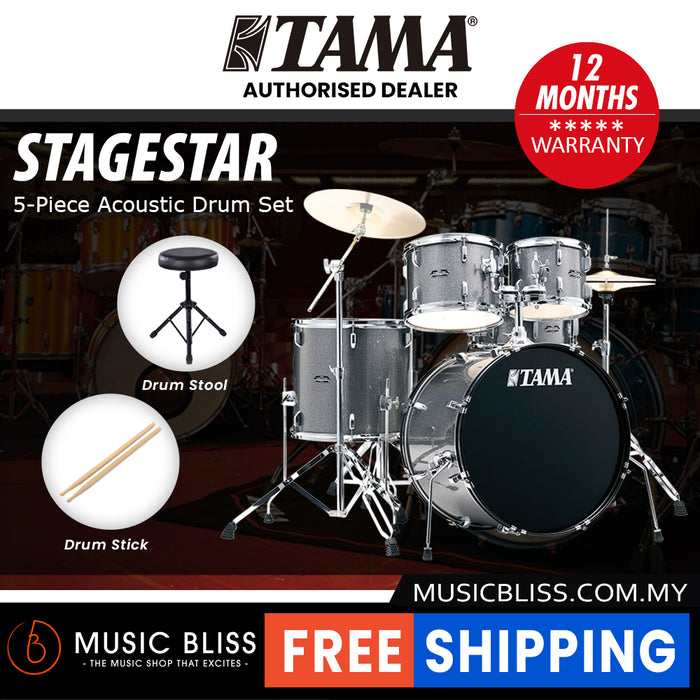 Tama Stagestar 5-piece Drum Set with Drumsticks and Throne - 22 Inch Bass Drum - Cosmic Silver Sparkle