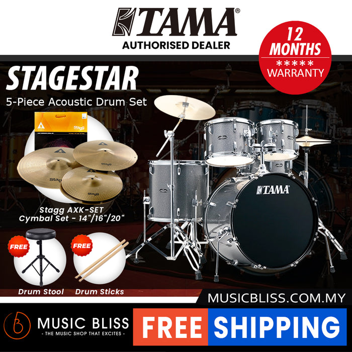 Tama Stagestar 5-piece Drum Set with Drumsticks and Throne - 22 Inch Bass Drum - Cosmic Silver Sparkle