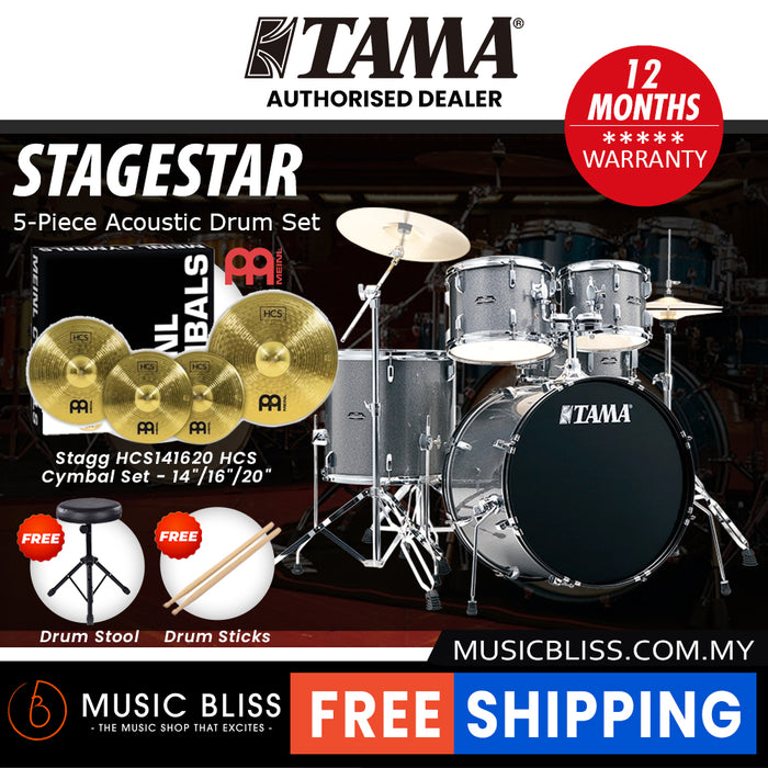 Tama Stagestar 5-piece Drum Set with Drumsticks and Throne - 22 Inch Bass Drum - Cosmic Silver Sparkle