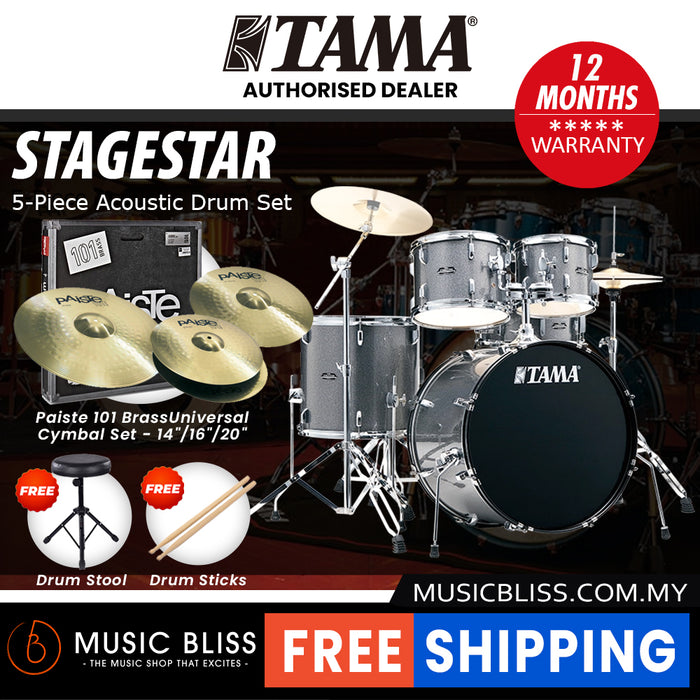 Tama Stagestar 5-piece Drum Set with Drumsticks and Throne - 22 Inch Bass Drum - Cosmic Silver Sparkle