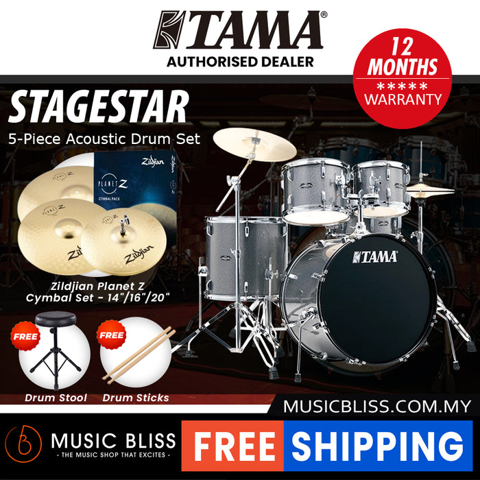 Tama Stagestar 5-piece Drum Set with Drumsticks and Throne - 22 Inch Bass Drum - Cosmic Silver Sparkle