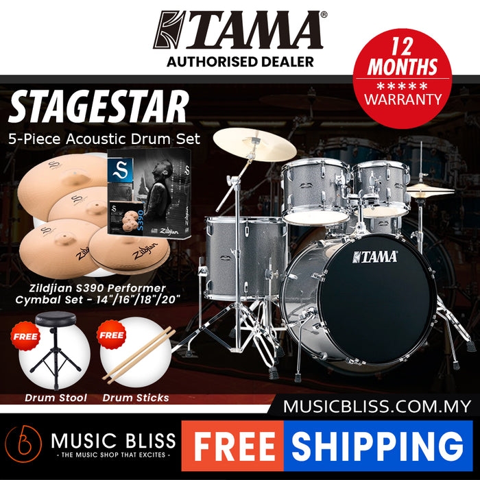 Tama Stagestar 5-piece Drum Set with Drumsticks and Throne - 22 Inch Bass Drum - Cosmic Silver Sparkle