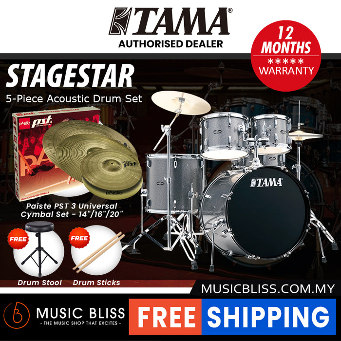 Tama Stagestar 5-piece Drum Set with Drumsticks and Throne - 22 Inch Bass Drum - Cosmic Silver Sparkle