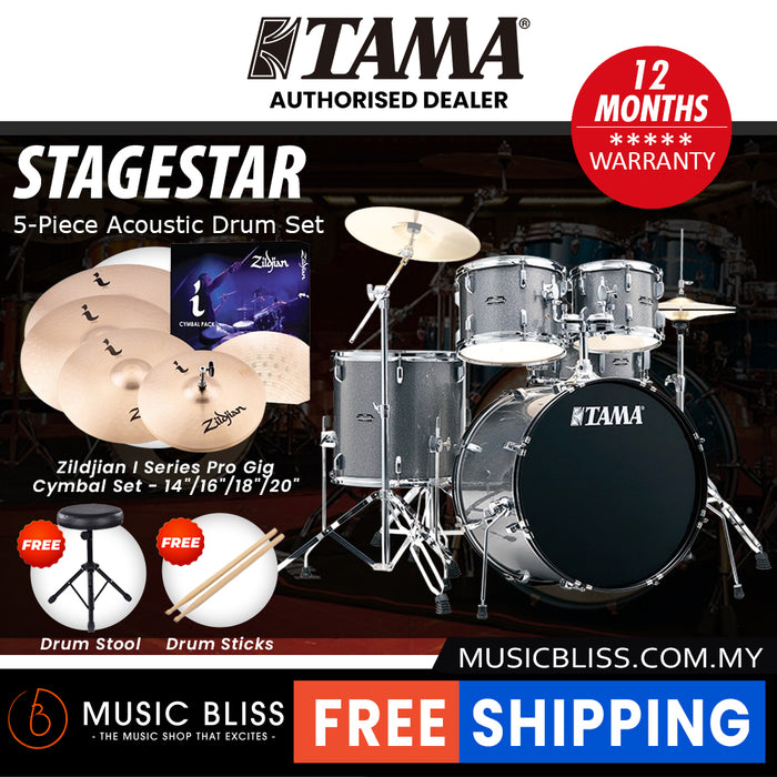 Tama Stagestar 5-piece Drum Set with Drumsticks and Throne - 22 Inch Bass Drum - Cosmic Silver Sparkle