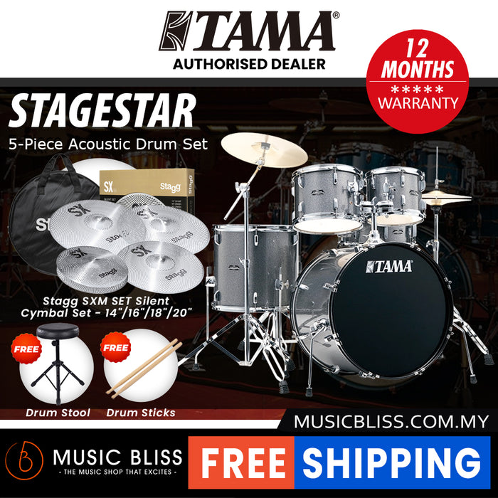 Tama Stagestar 5-piece Drum Set with Drumsticks and Throne - 22 Inch Bass Drum - Cosmic Silver Sparkle