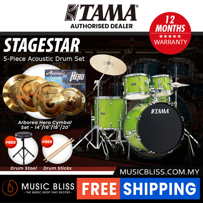 Tama Stagestar 5-piece Drum Set with Drumsticks and Throne - 22 Inch Bass Drum - Lime Green Sparkle