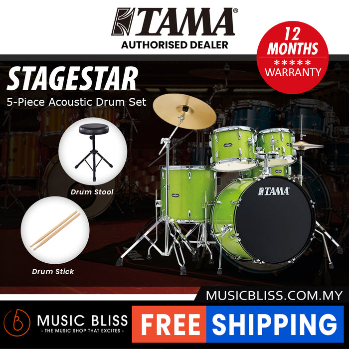 Tama Stagestar 5-piece Drum Set with Drumsticks and Throne - 22 Inch Bass Drum - Lime Green Sparkle