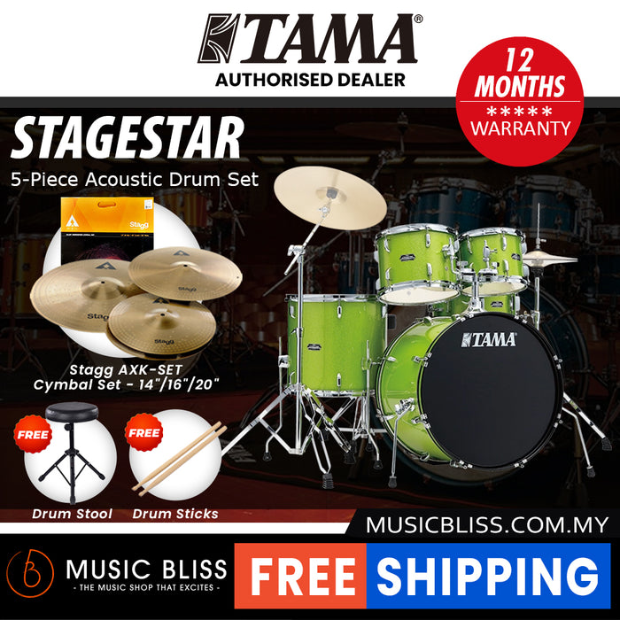 Tama Stagestar 5-piece Drum Set with Drumsticks and Throne - 22 Inch Bass Drum - Lime Green Sparkle