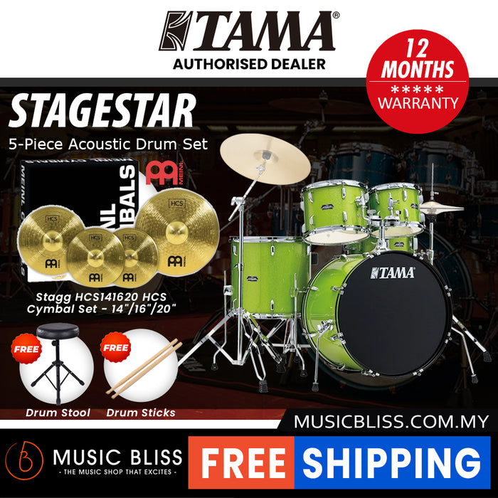 Tama Stagestar 5-piece Drum Set with Drumsticks and Throne - 22 Inch Bass Drum - Lime Green Sparkle