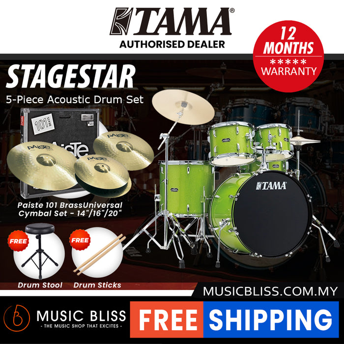 Tama Stagestar 5-piece Drum Set with Drumsticks and Throne - 22 Inch Bass Drum - Lime Green Sparkle
