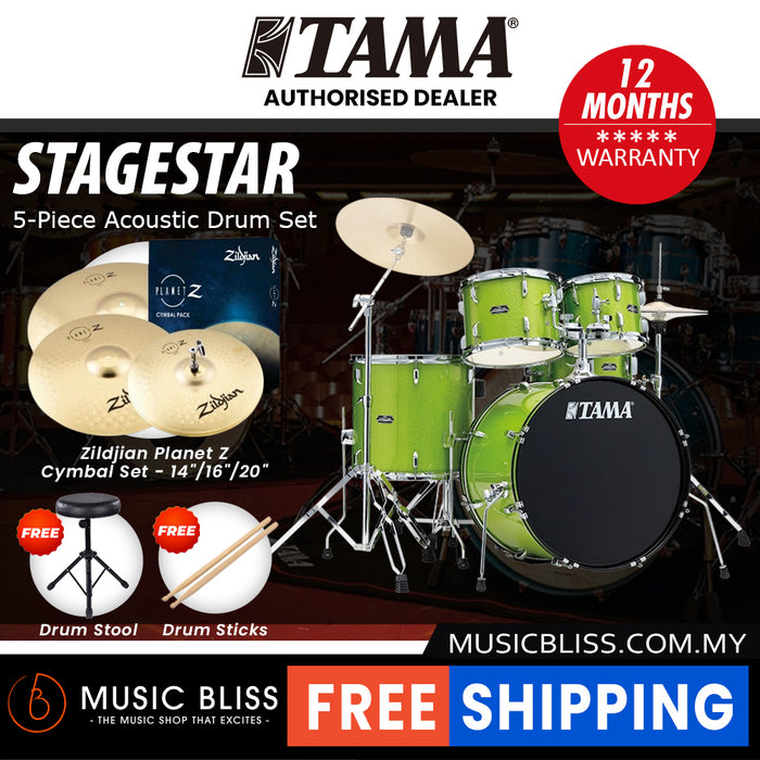 Tama Stagestar 5-piece Drum Set with Drumsticks and Throne - 22 Inch Bass Drum - Lime Green Sparkle