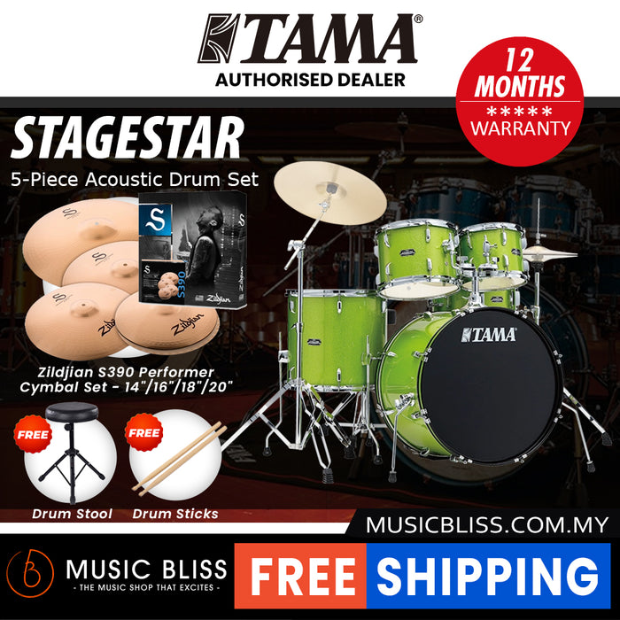 Tama Stagestar 5-piece Drum Set with Drumsticks and Throne - 22 Inch Bass Drum - Lime Green Sparkle