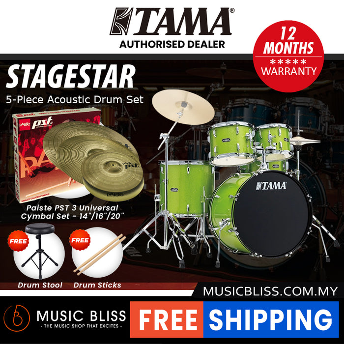 Tama Stagestar 5-piece Drum Set with Drumsticks and Throne - 22 Inch Bass Drum - Lime Green Sparkle