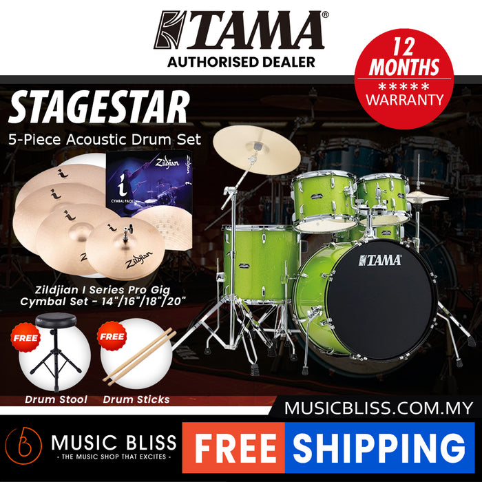 Tama Stagestar 5-piece Drum Set with Drumsticks and Throne - 22 Inch Bass Drum - Lime Green Sparkle