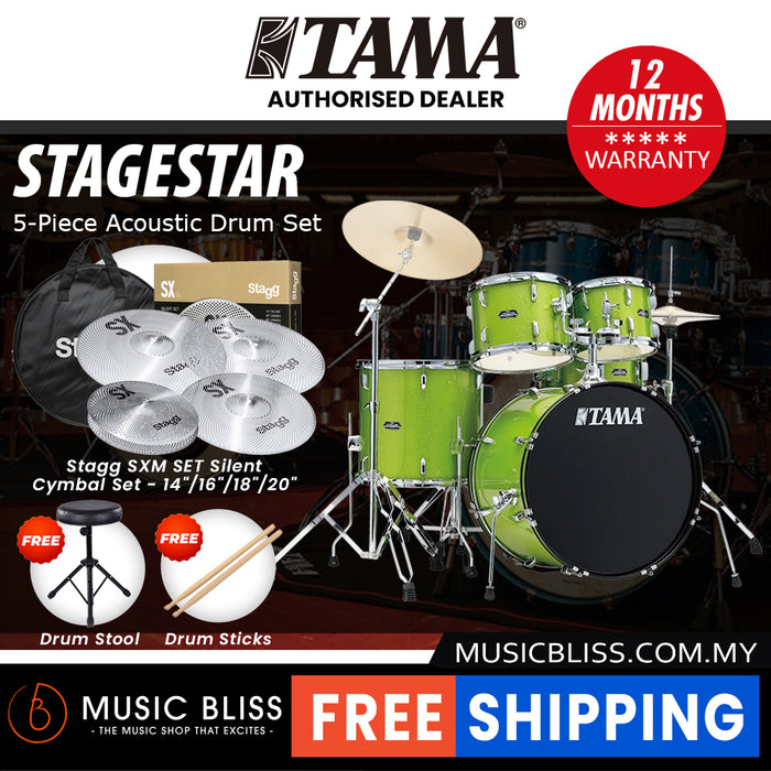 Tama Stagestar 5-piece Drum Set with Drumsticks and Throne - 22 Inch Bass Drum - Lime Green Sparkle