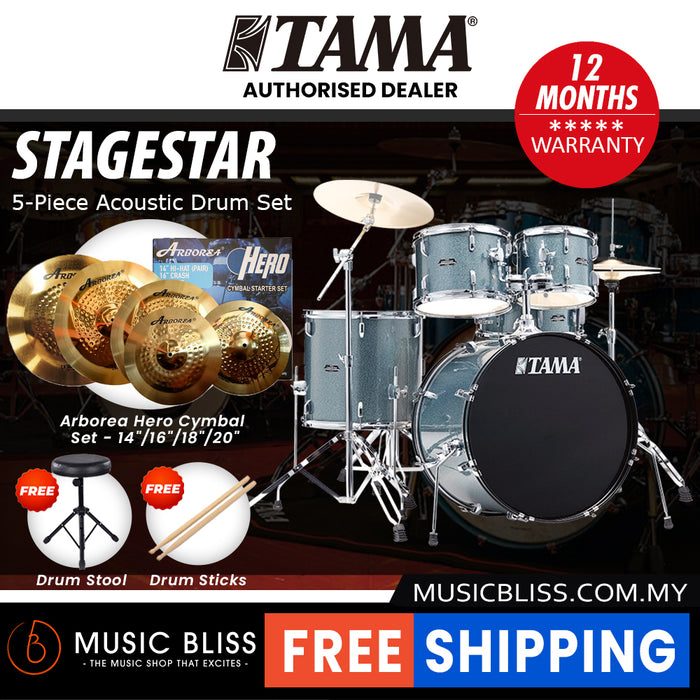 Tama Stagestar 5-piece Drum Set with Drumsticks and Throne - 22 Inch Bass Drum - Sea Blue Mist