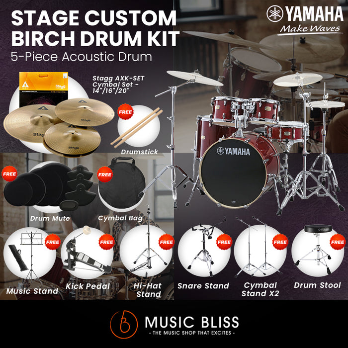 Yamaha Stage Custom Birch Shell Pack with Cymbal Set and Hardware Pack - 22" Kick - Cranberry Red