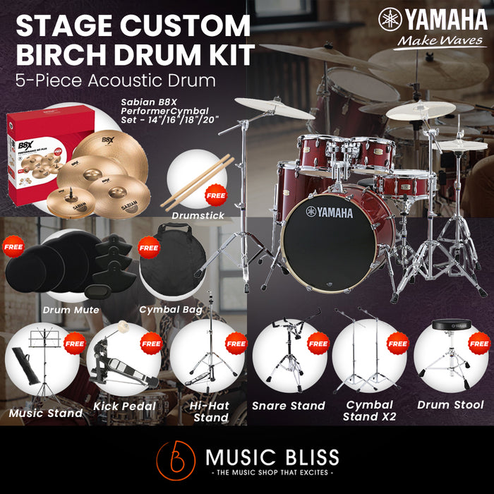 Yamaha Stage Custom Birch Shell Pack with Cymbal Set and Hardware Pack - 22" Kick - Cranberry Red
