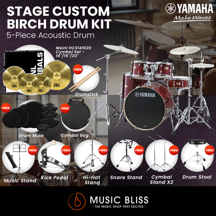 Yamaha Stage Custom Birch Shell Pack with Cymbal Set and Hardware Pack - 22" Kick - Cranberry Red