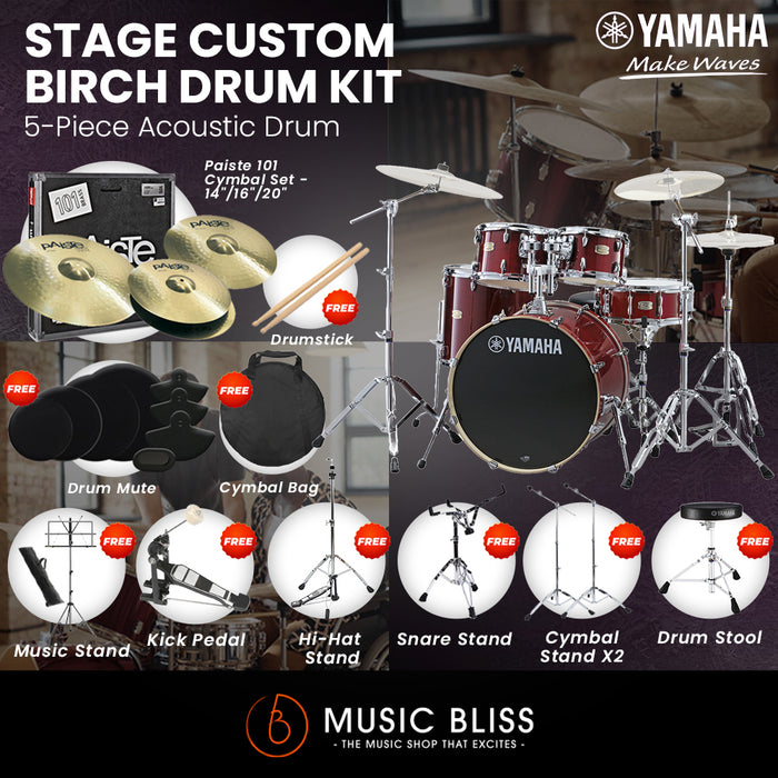 Yamaha Stage Custom Birch Shell Pack with Cymbal Set and Hardware Pack - 22" Kick - Cranberry Red