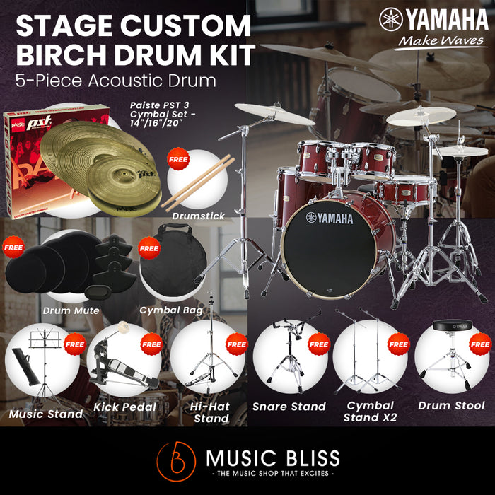 Yamaha Stage Custom Birch Shell Pack with Cymbal Set and Hardware Pack - 22" Kick - Cranberry Red