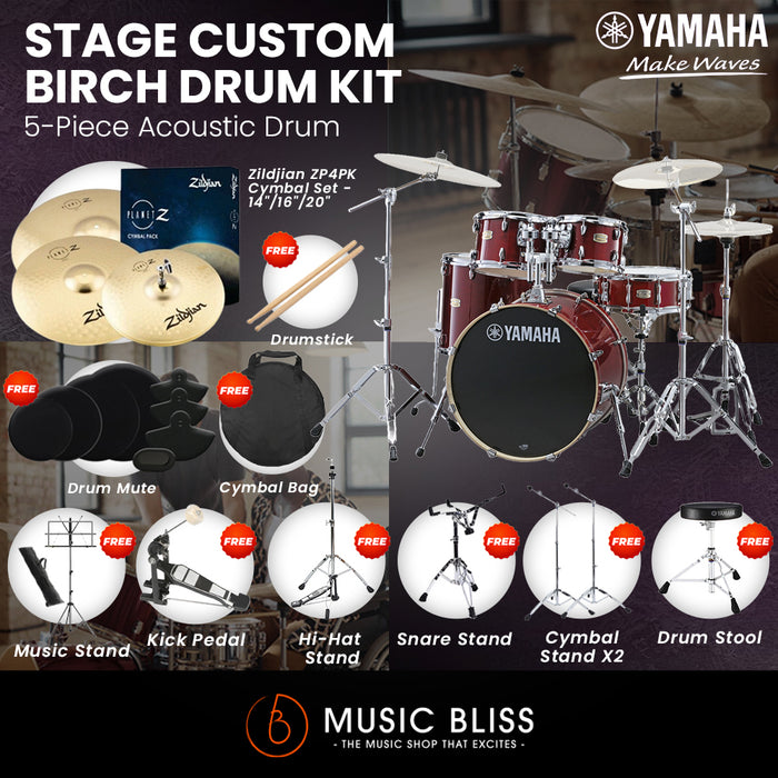 Yamaha Stage Custom Birch Shell Pack with Cymbal Set and Hardware Pack - 22" Kick - Cranberry Red