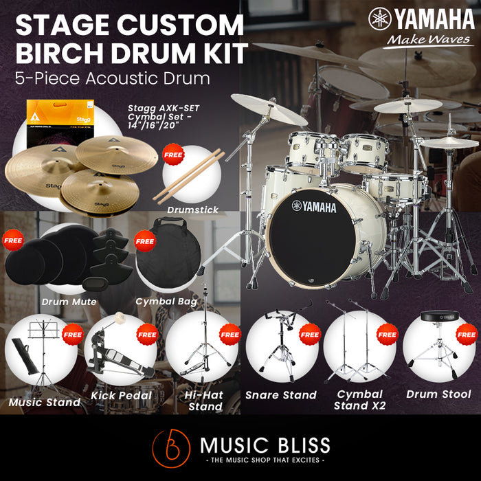 Yamaha Stage Custom Birch Shell Pack with Cymbal Set and Hardware Pack - 22" Kick - Classic White