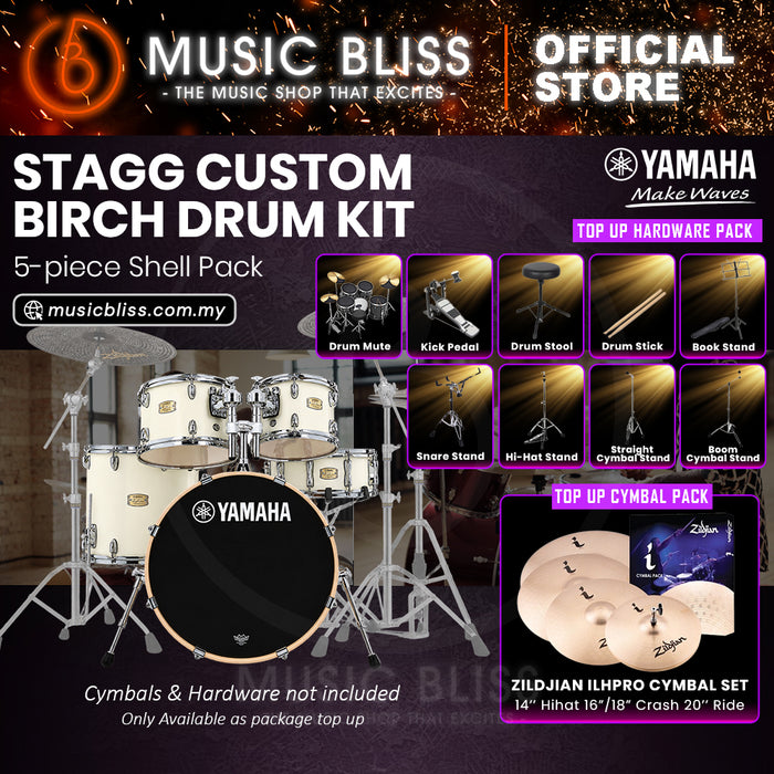 Yamaha Stage Custom Birch Shell Pack with Cymbal Set and Hardware Pack - 22" Kick - Classic White