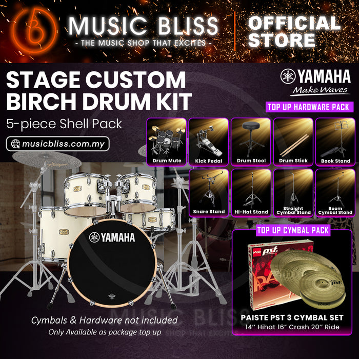 Yamaha Stage Custom Birch Shell Pack with Cymbal Set and Hardware Pack - 22" Kick - Classic White
