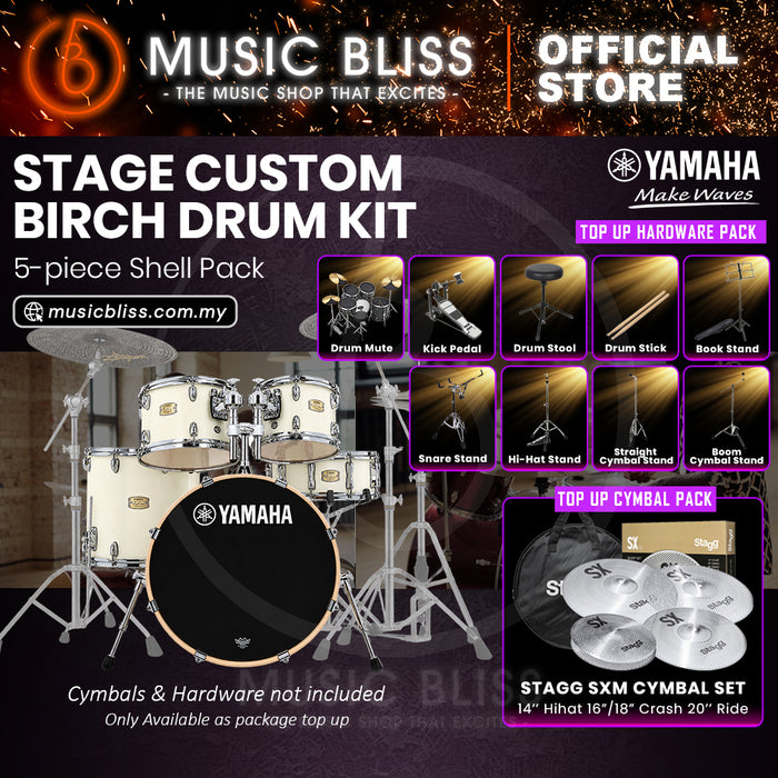 Yamaha Stage Custom Birch Shell Pack with Cymbal Set and Hardware Pack - 22" Kick - Classic White