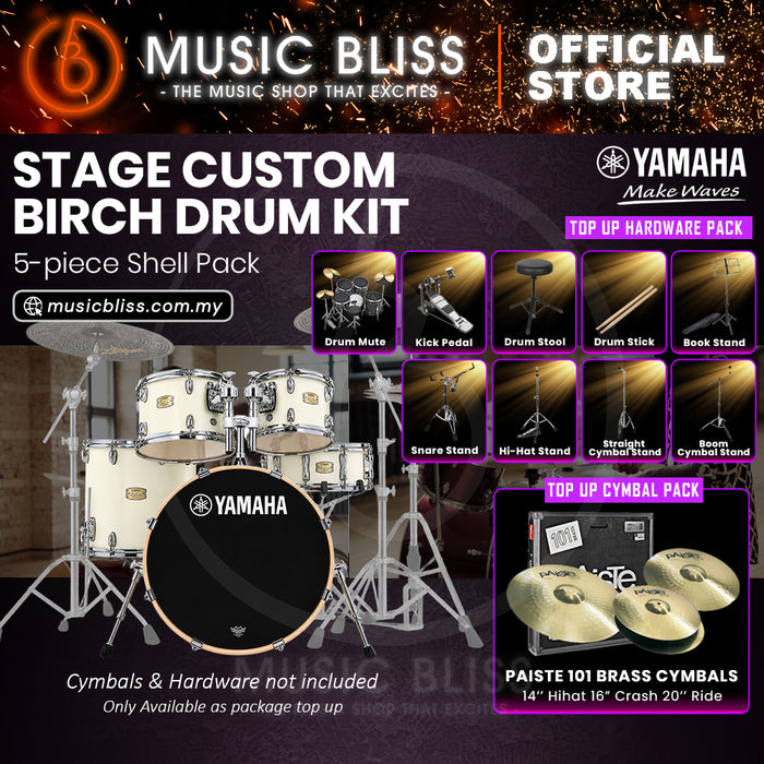 Yamaha Stage Custom Birch Shell Pack with Cymbal Set and Hardware Pack - 22" Kick - Classic White