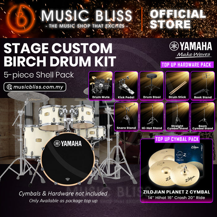 Yamaha Stage Custom Birch Shell Pack with Cymbal Set and Hardware Pack - 22" Kick - Classic White