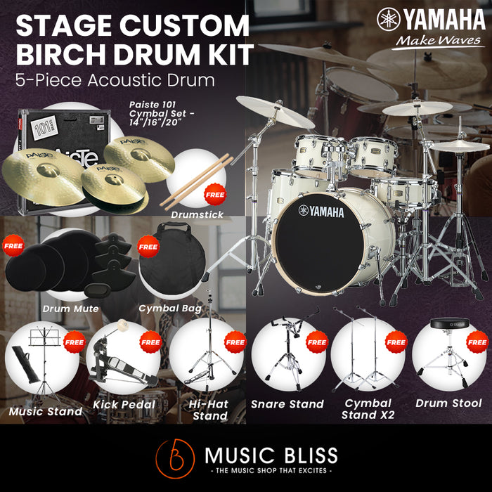 Yamaha Stage Custom Birch Shell Pack with Cymbal Set and Hardware Pack - 22" Kick - Classic White
