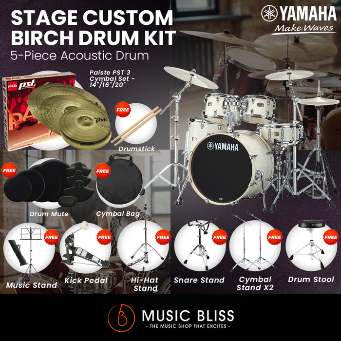 Yamaha Stage Custom Birch Shell Pack with Cymbal Set and Hardware Pack - 22" Kick - Classic White