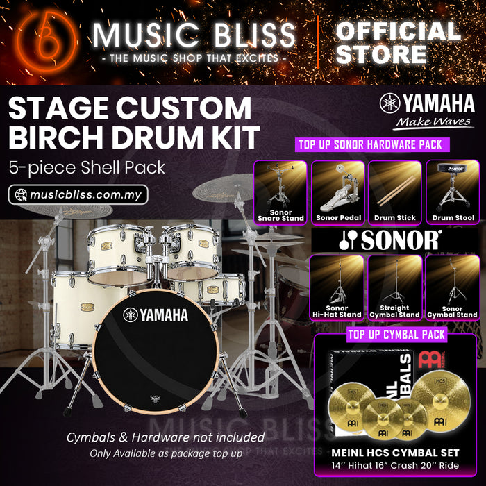 Yamaha Stage Custom Birch Shell Pack with Cymbal Set and Hardware Pack - 22" Kick - Classic White