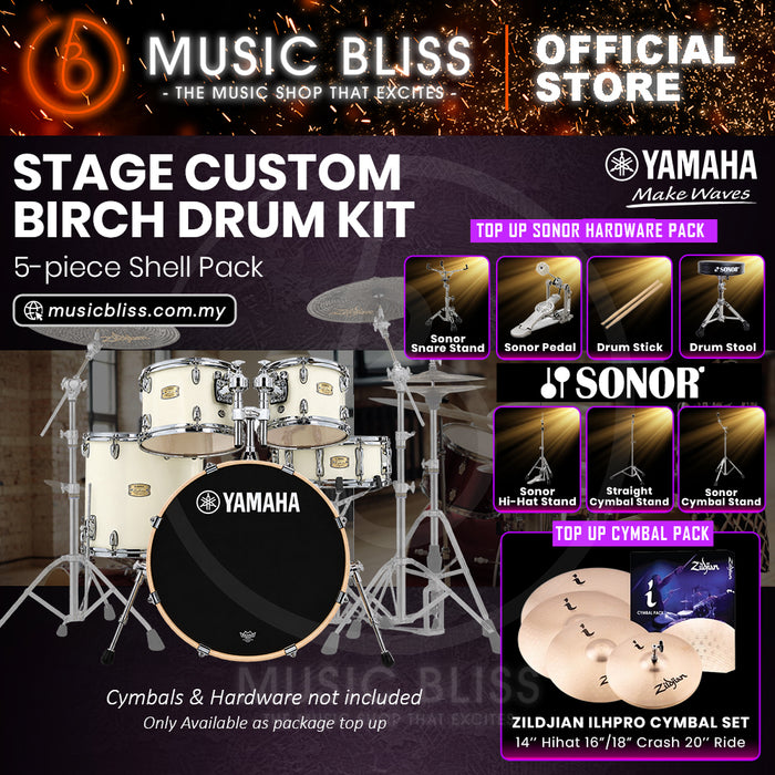 Yamaha Stage Custom Birch Shell Pack with Cymbal Set and Hardware Pack - 22" Kick - Classic White