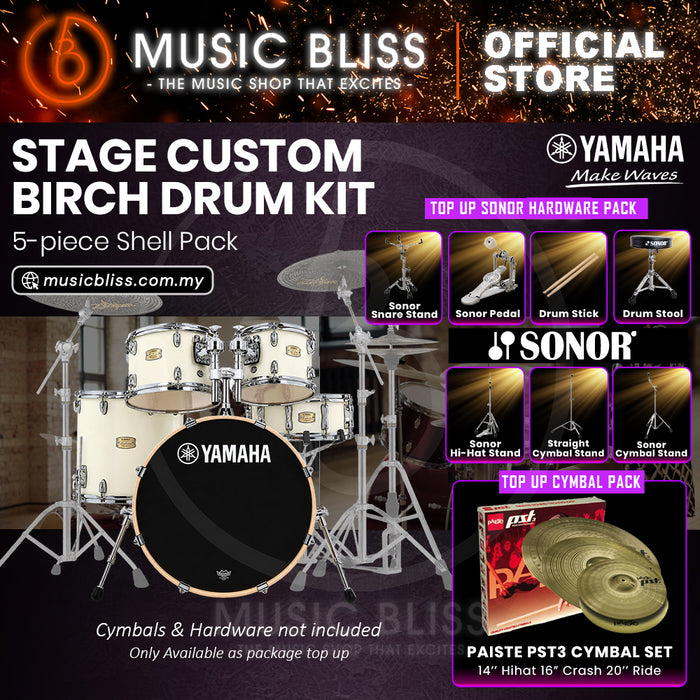 Yamaha Stage Custom Birch Shell Pack with Cymbal Set and Hardware Pack - 22" Kick - Classic White