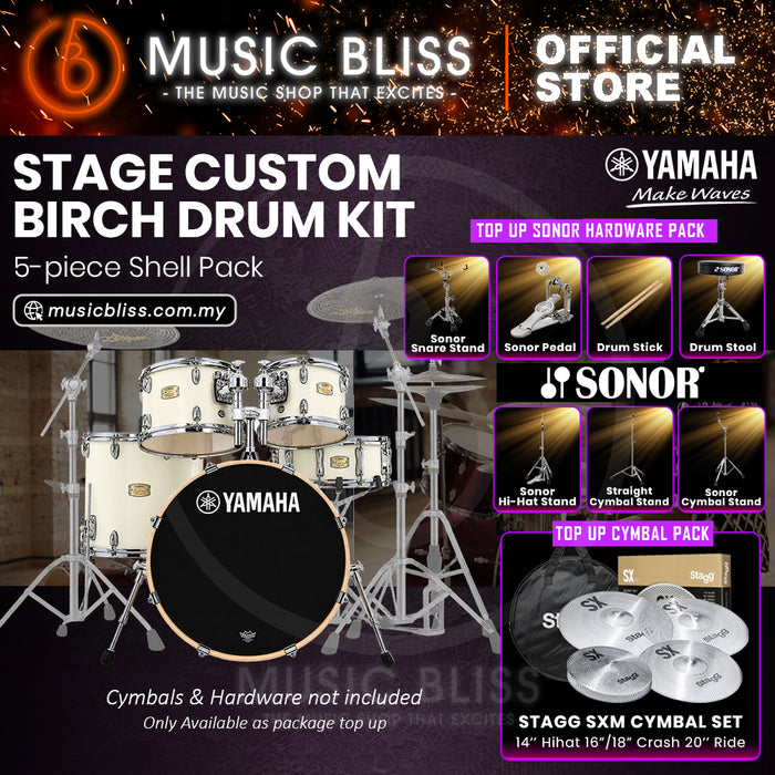Yamaha Stage Custom Birch Shell Pack with Cymbal Set and Hardware Pack - 22" Kick - Classic White