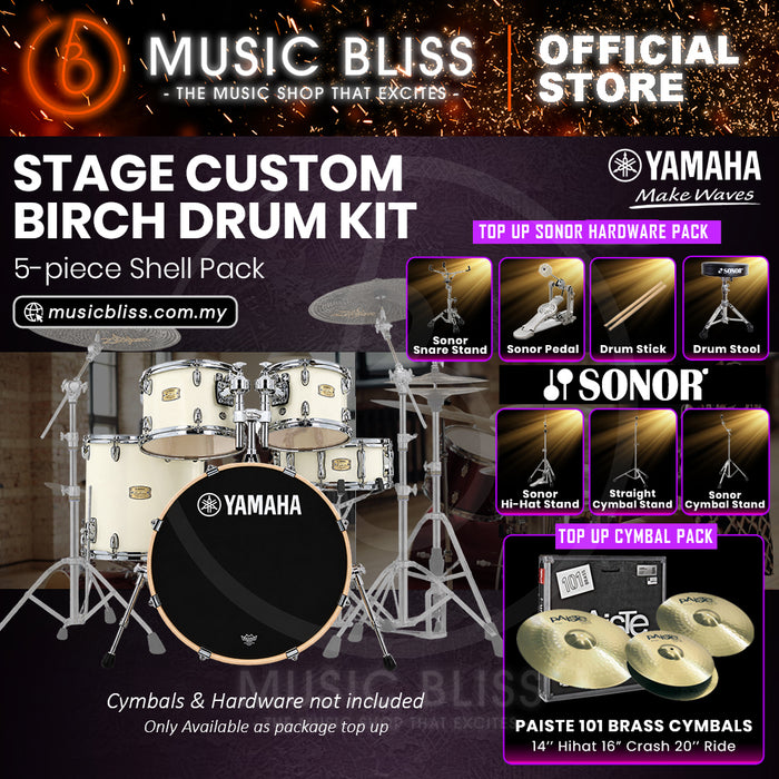 Yamaha Stage Custom Birch Shell Pack with Cymbal Set and Hardware Pack - 22" Kick - Classic White