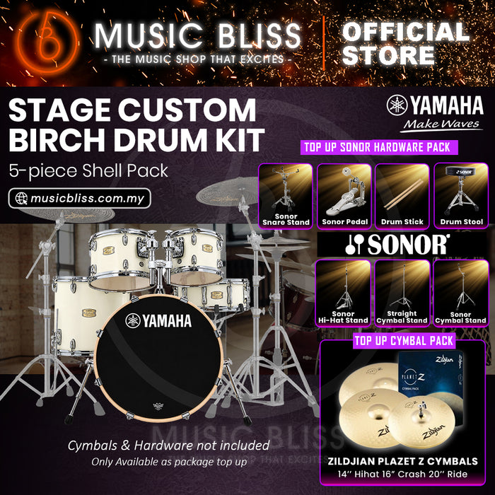 Yamaha Stage Custom Birch Shell Pack with Cymbal Set and Hardware Pack - 22" Kick - Classic White