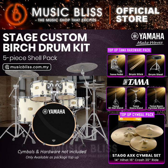 Yamaha Stage Custom Birch Shell Pack with Cymbal Set and Hardware Pack - 22" Kick - Classic White